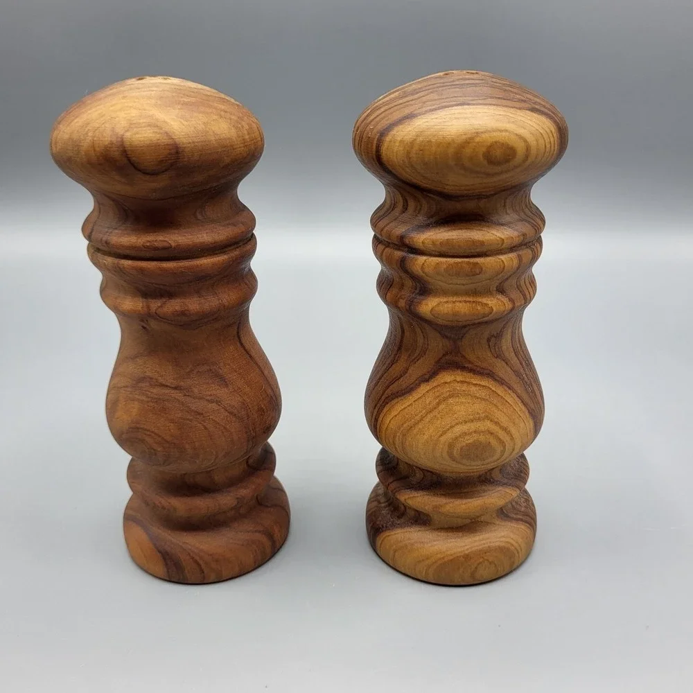 Vintage Salt and Pepper Shakers Olive Wood Hand Turned Brown Decorative